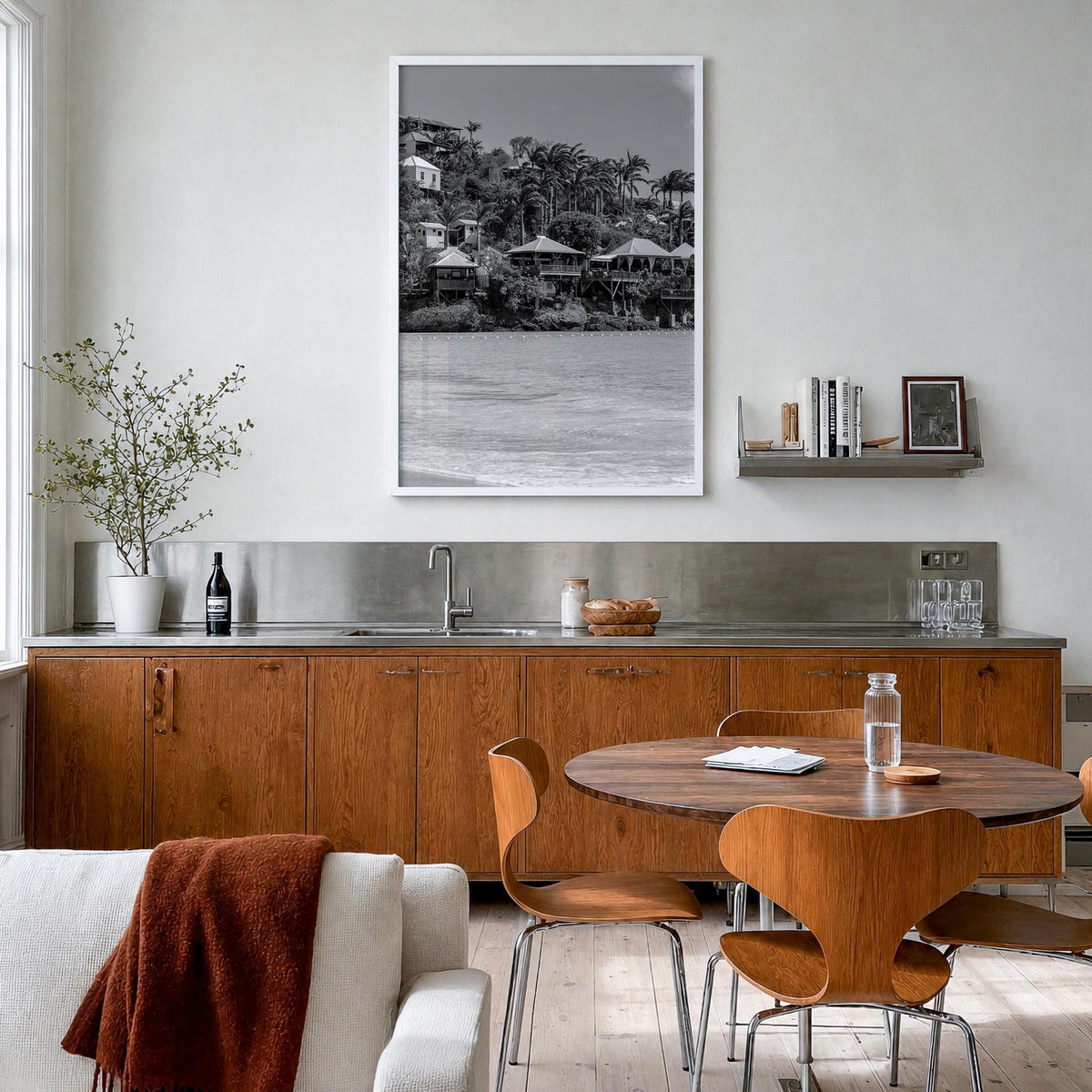 Antigua and Barbuda black & white photo poster of Caribbean – vertical wall art in white wood frame, hanging on wall