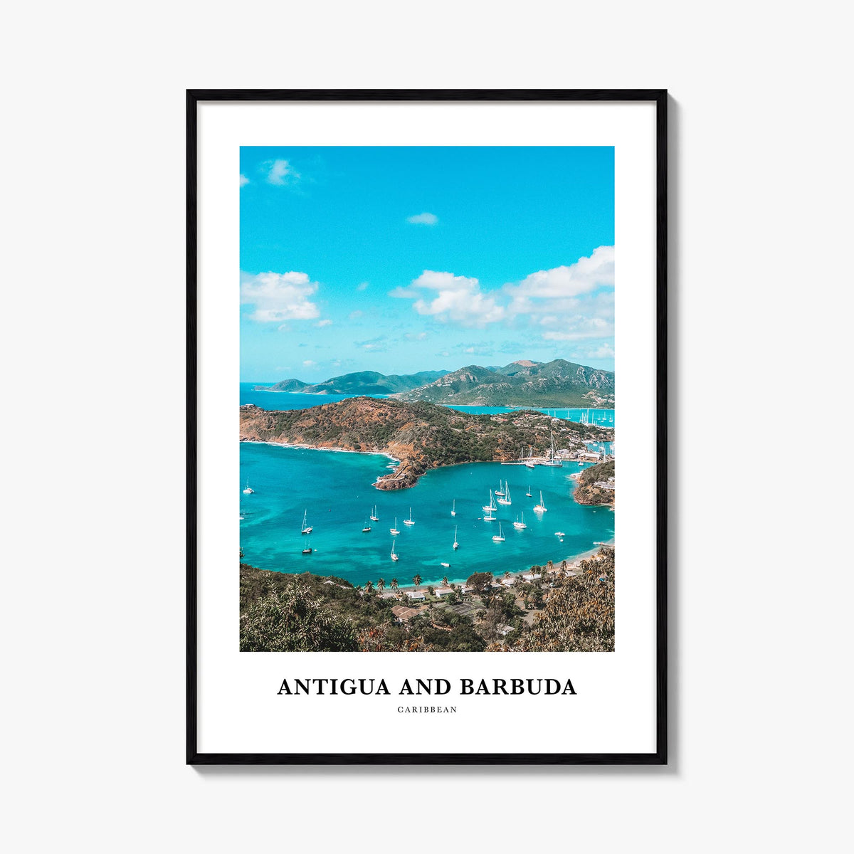 Antigua and Barbuda colorful classic poster of Caribbean – vertical wall art, unframed print shown in interior mockup