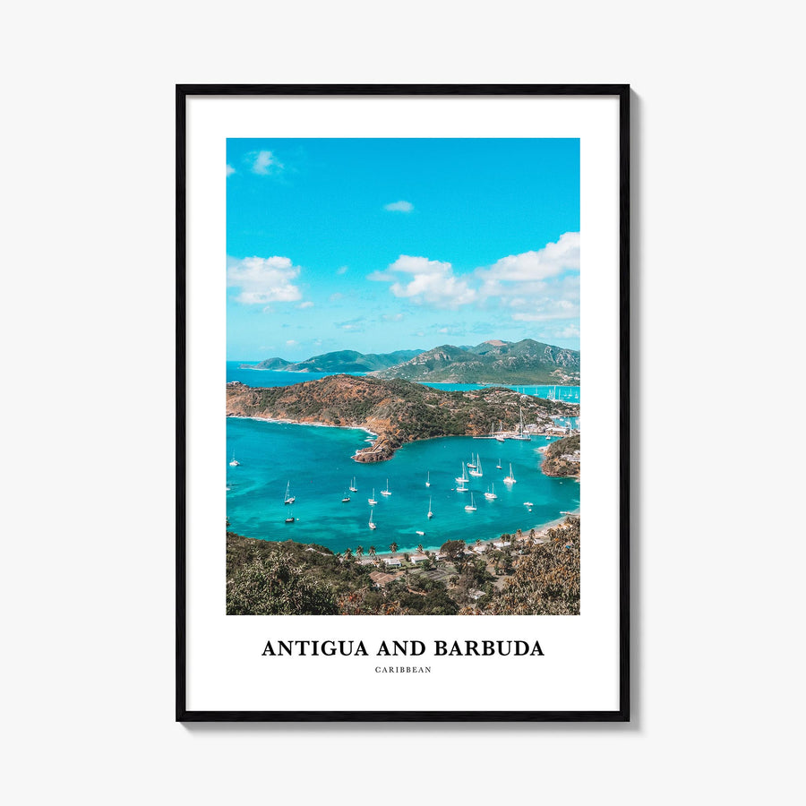 Antigua and Barbuda colorful classic poster of Caribbean – vertical wall art, unframed print shown in interior mockup
