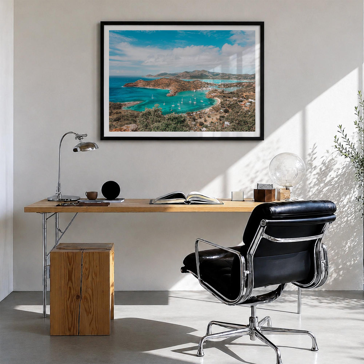 Antigua and Barbuda colorful photo poster of Caribbean – horizontal wall art in black wood frame with white border, hanging o