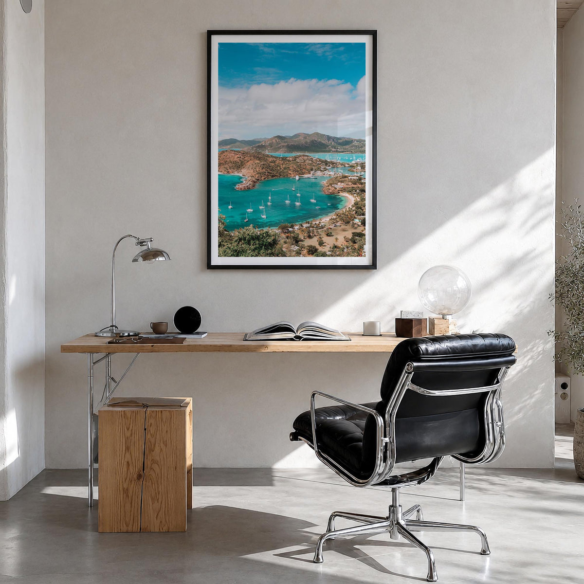 Antigua and Barbuda colorful photo poster of Caribbean – vertical wall art in black wood frame with white border, hanging on 