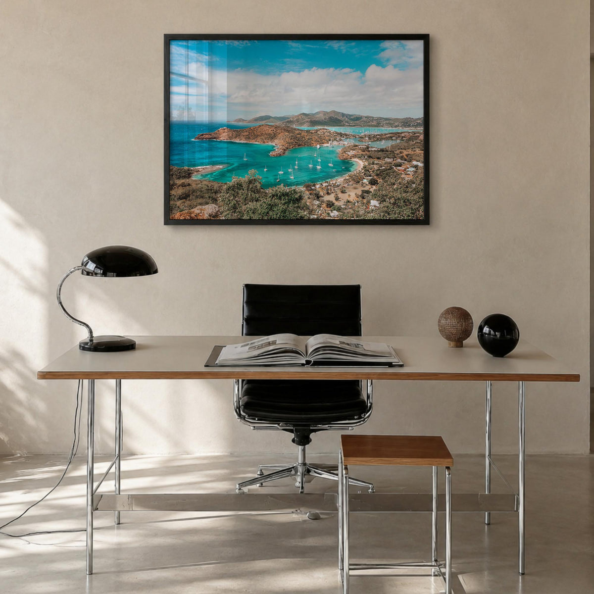 Antigua and Barbuda colorful photo poster of Caribbean – horizontal wall art in black wood frame, hanging on wall