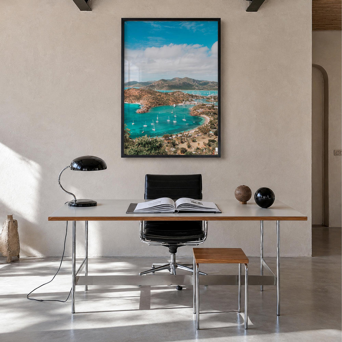 Antigua and Barbuda colorful photo poster of Caribbean – vertical wall art in black wood frame, hanging on wall
