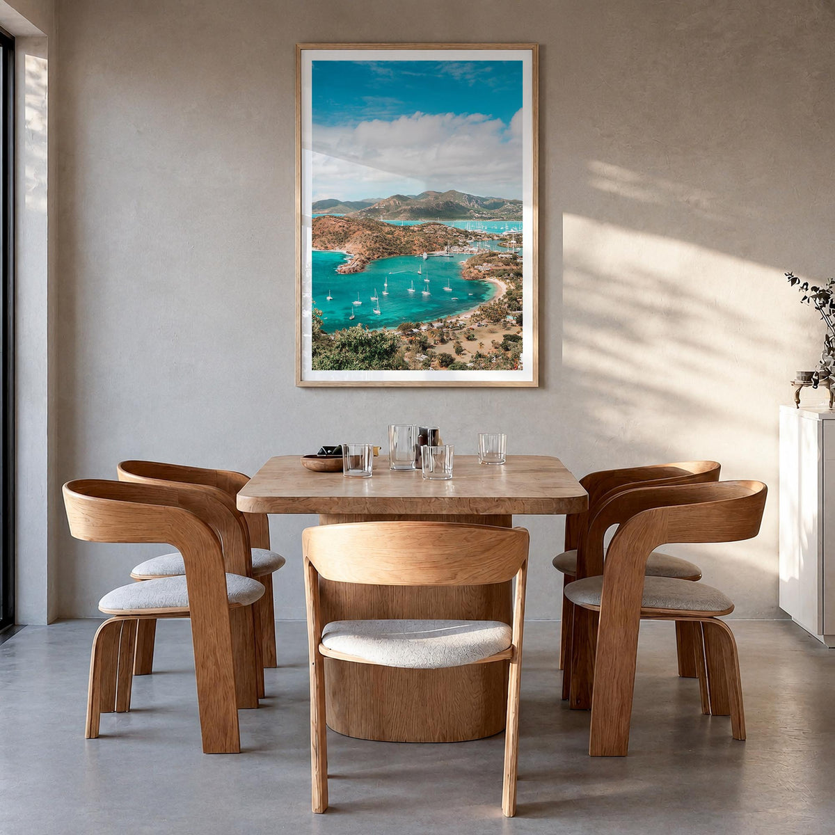 Antigua and Barbuda colorful photo poster of Caribbean – vertical wall art in natural wood frame with white border, hanging o