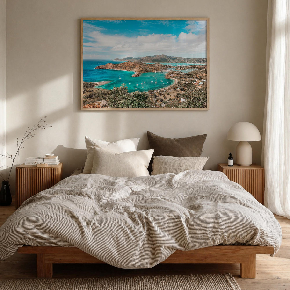 Antigua and Barbuda colorful photo poster of Caribbean – horizontal wall art in natural wood frame, hanging on wall