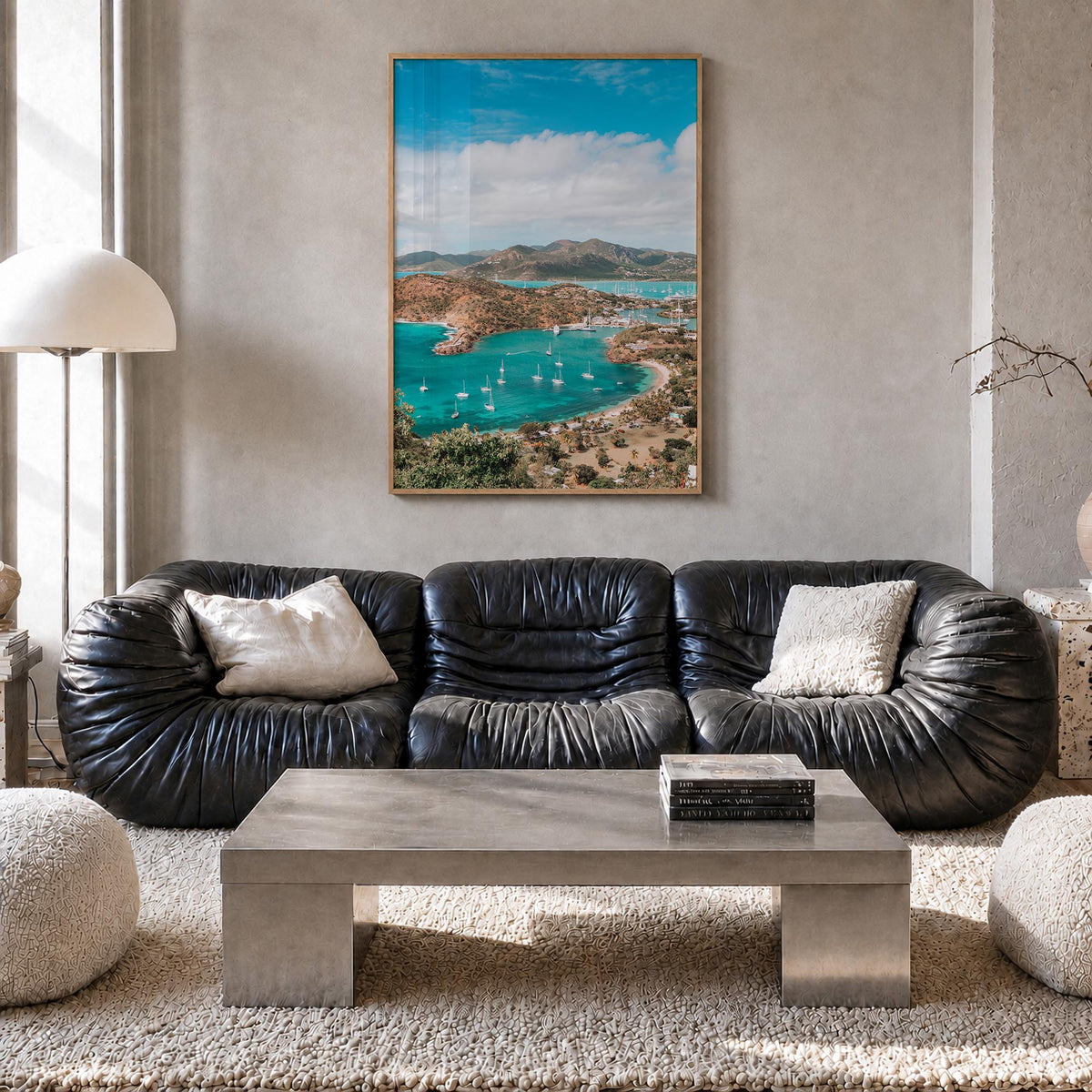 Antigua and Barbuda colorful photo poster of Caribbean – vertical wall art in natural wood frame, hanging on wall