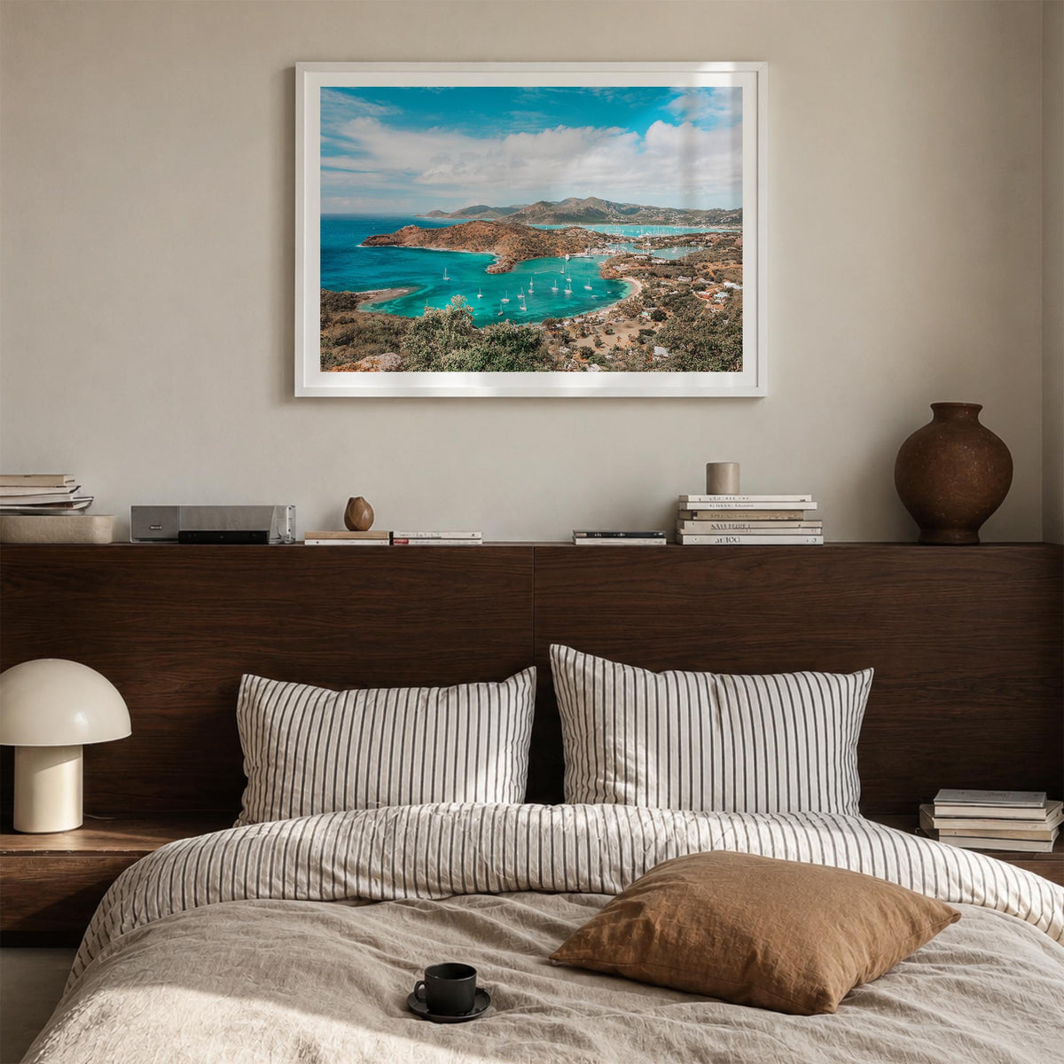 Antigua and Barbuda colorful photo poster of Caribbean – horizontal wall art in white wood frame with white border, hanging o