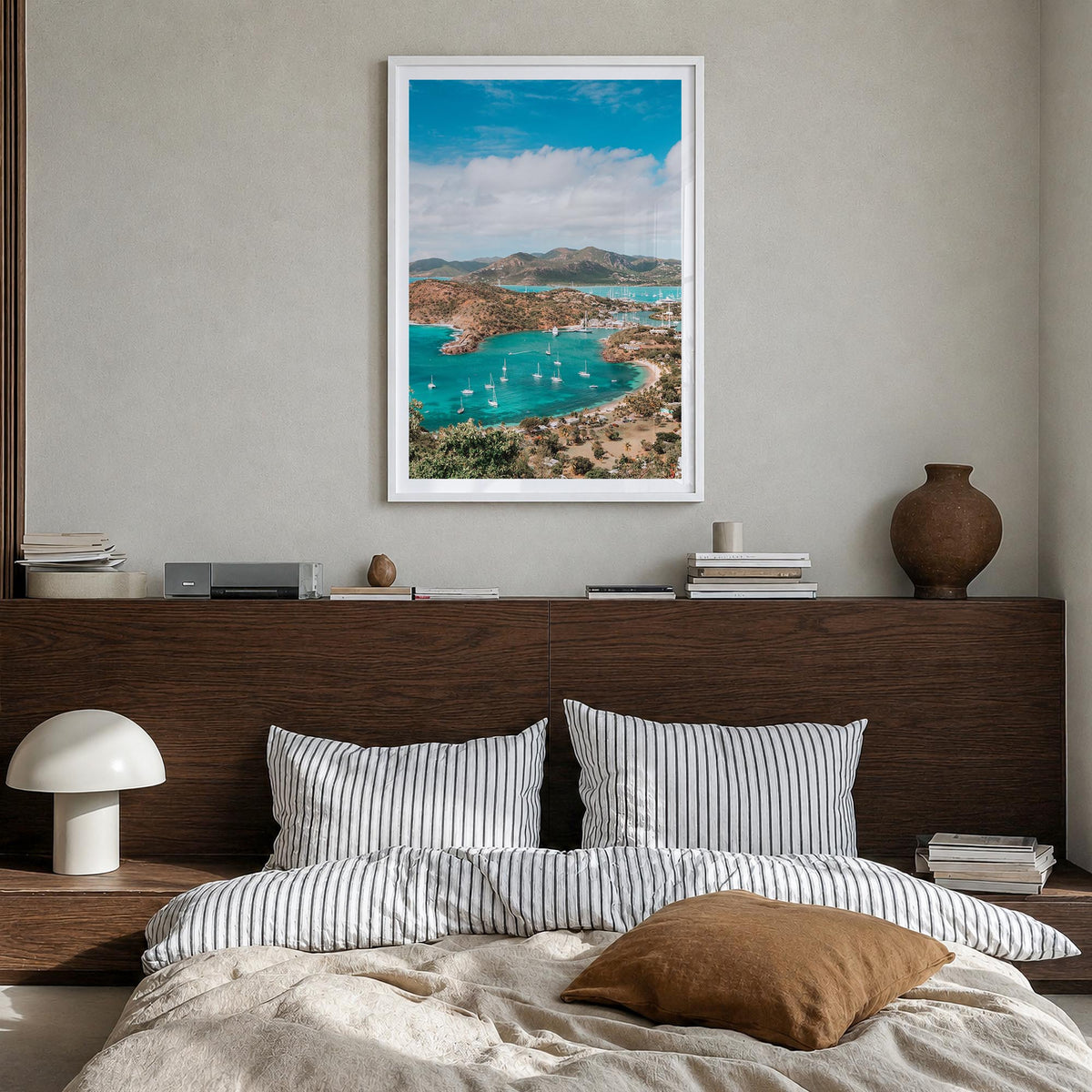 Antigua and Barbuda colorful photo poster of Caribbean – vertical wall art in white wood frame with white border, hanging on 