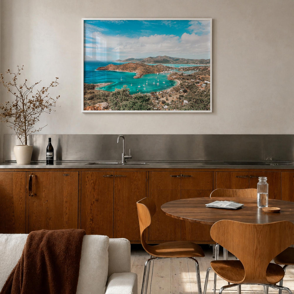 Antigua and Barbuda colorful photo poster of Caribbean – horizontal wall art in white wood frame, hanging on wall