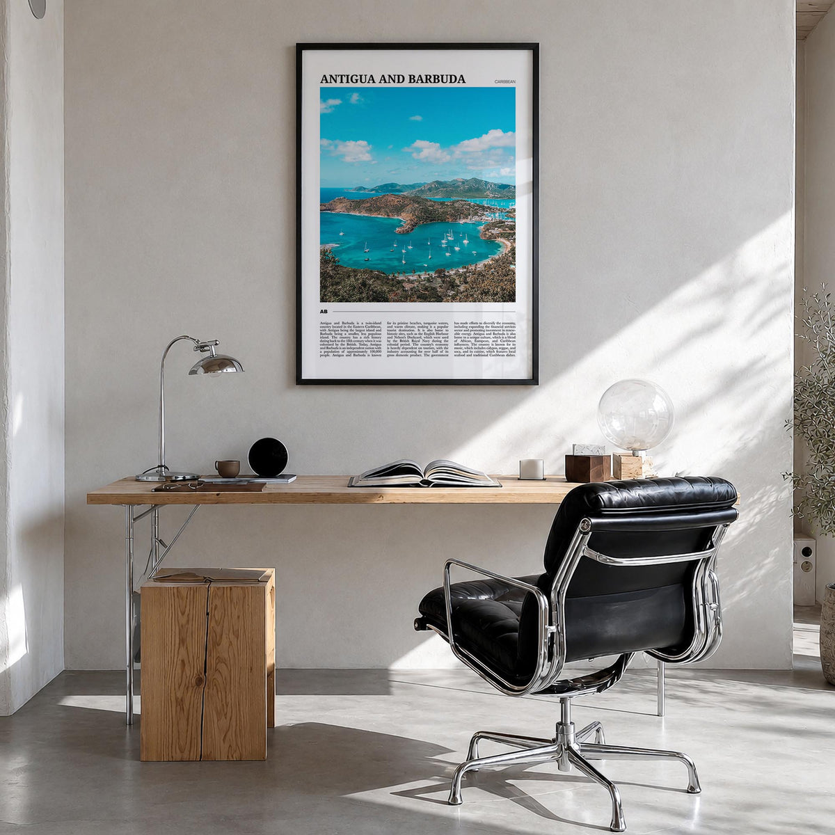 Antigua and Barbuda colorful travel poster of Caribbean – vertical wall art in black wood frame, hanging on wall