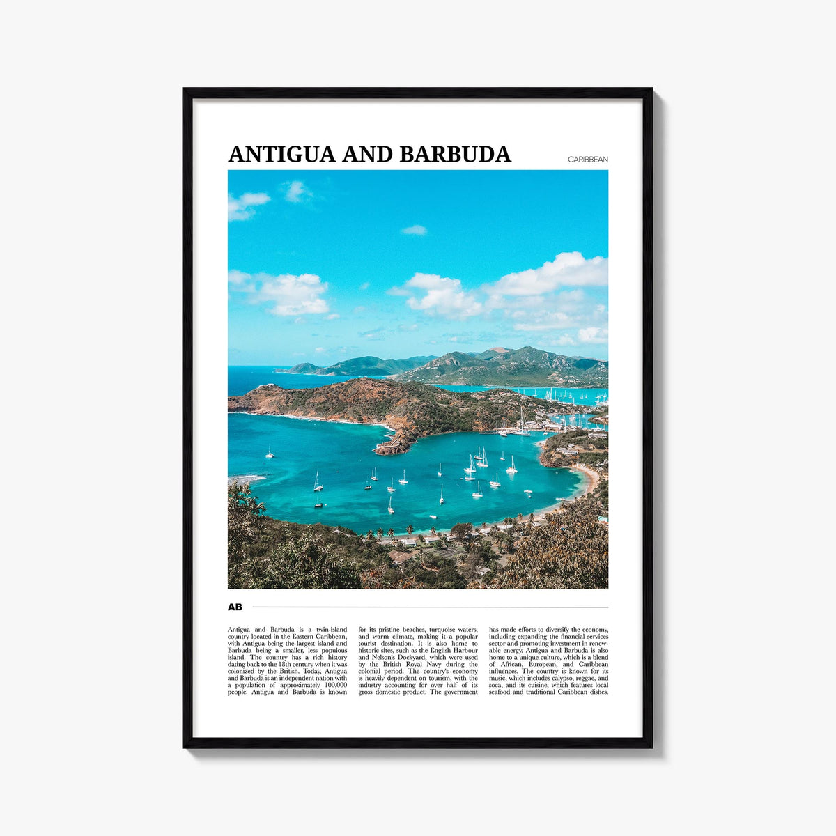 Antigua and Barbuda colorful travel poster of Caribbean – vertical wall art, unframed print shown in interior mockup