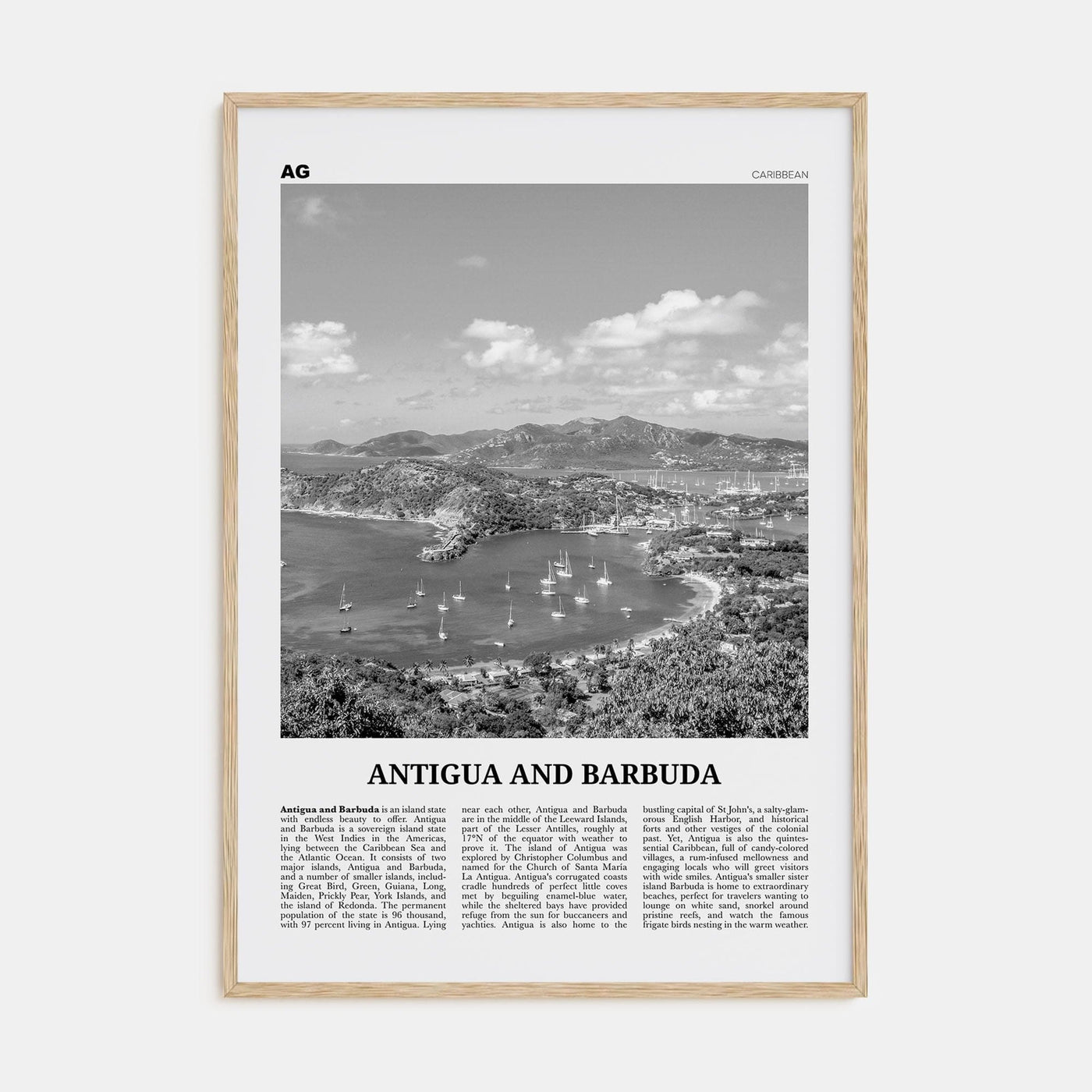 Antigua and Barbuda Poster Natural Wood / 8x12 in Nbourhood Travel B&W Poster