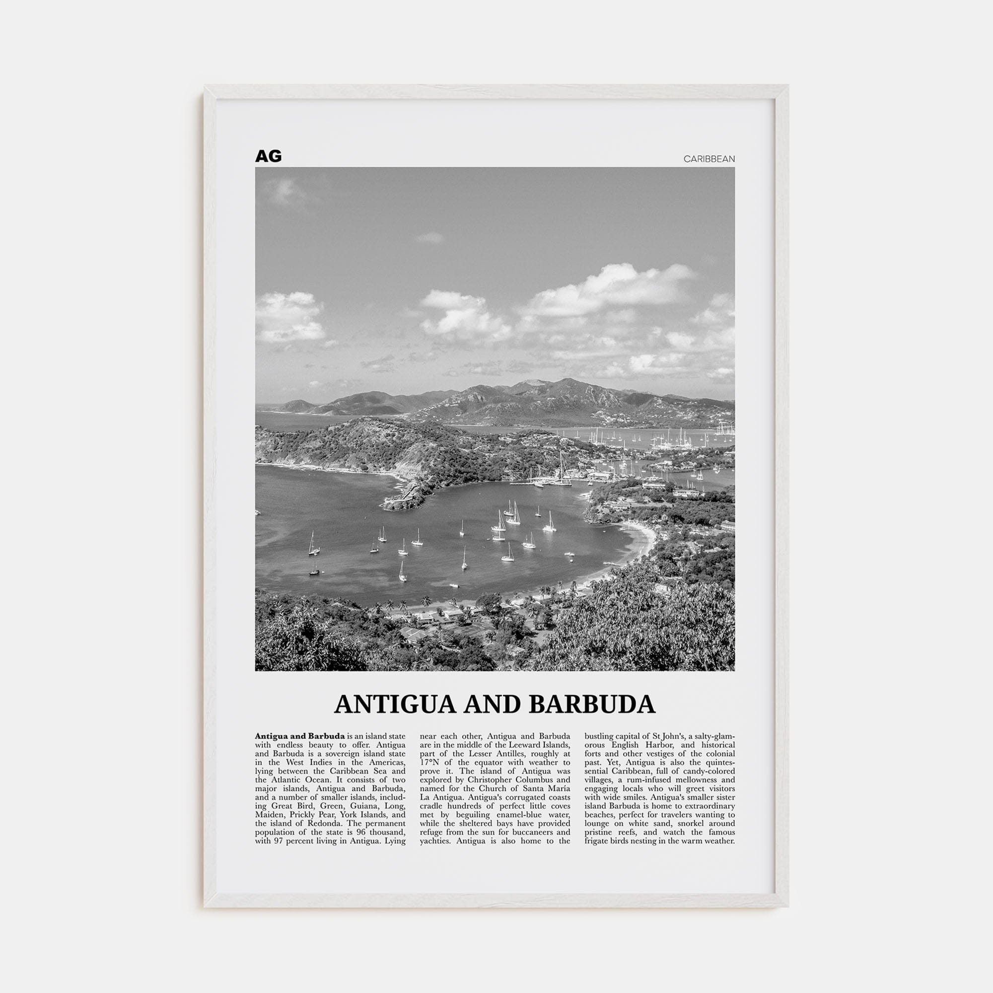 Antigua and Barbuda Poster White Wood / 8x12 in Nbourhood Travel B&W Poster