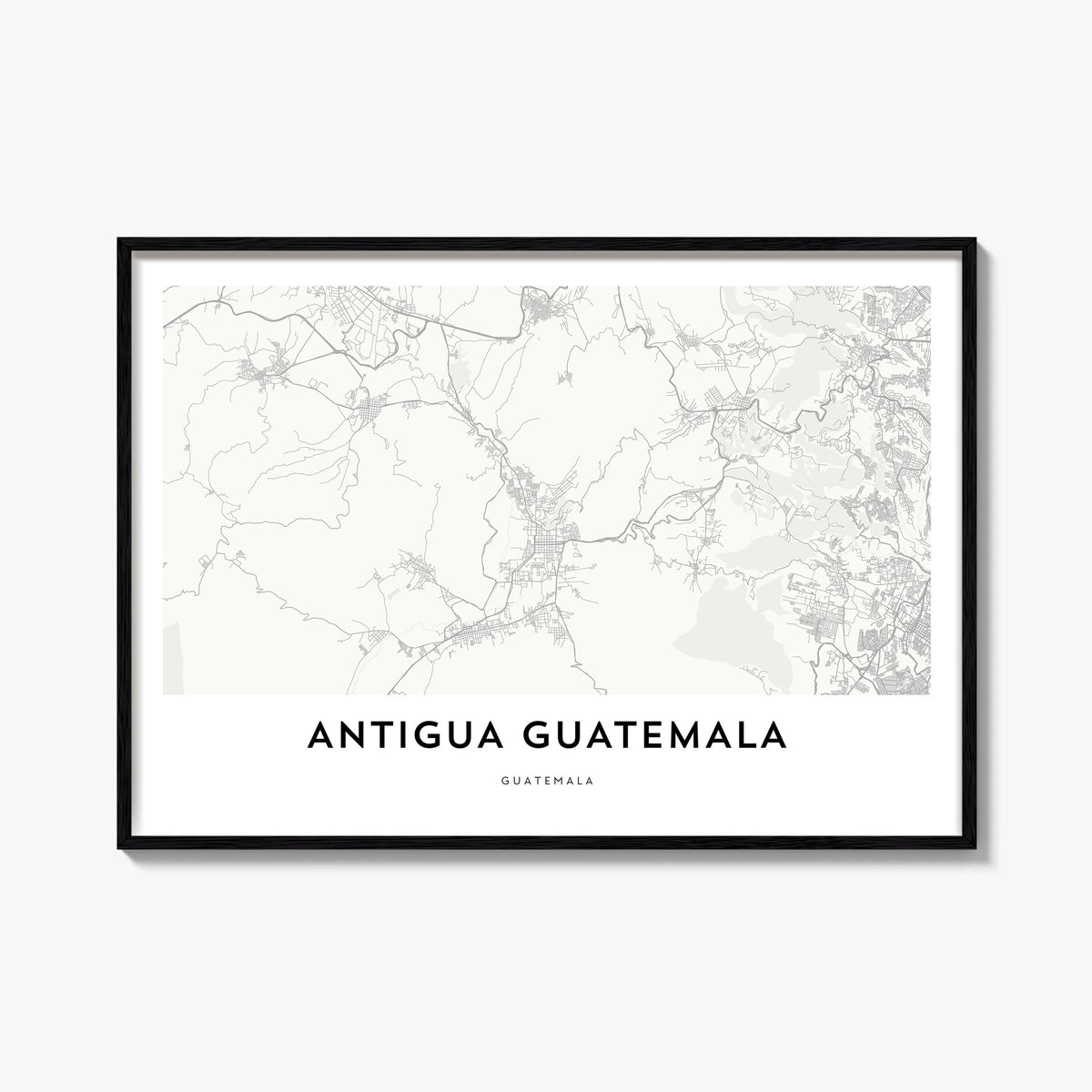 Antigua Guatemala black & white map poster of Guatemala – horizontal wall art, unframed print shown in interior mockup