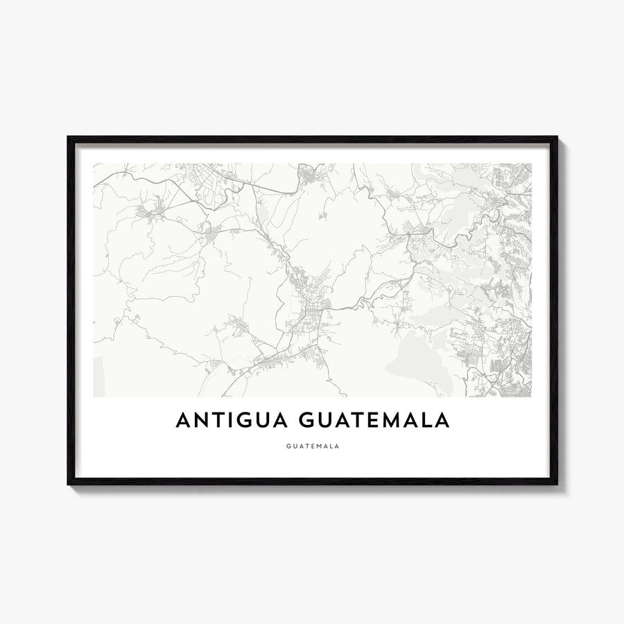 Antigua Guatemala black & white map poster of Guatemala – horizontal wall art, unframed print shown in interior mockup