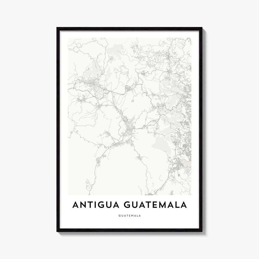 Antigua Guatemala black & white map poster of Guatemala – vertical wall art, unframed print shown in interior mockup