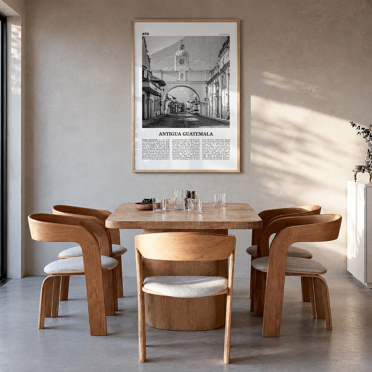 Antigua Guatemala black & white newspaper poster of Guatemala – vertical wall art in natural wood frame, hanging on wall