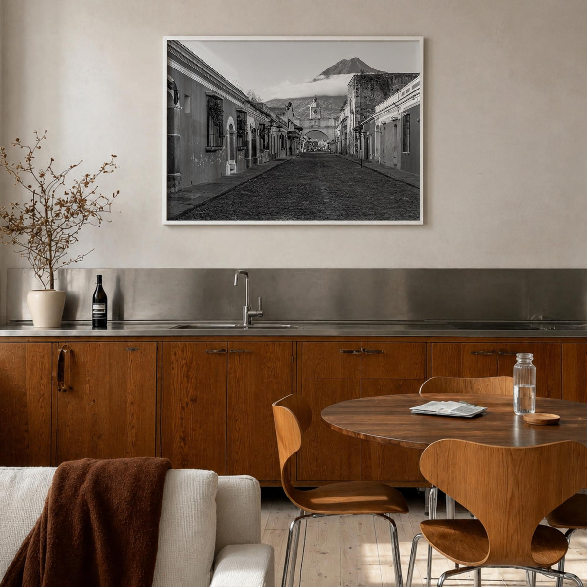 Antigua Guatemala black & white photo poster of Guatemala – horizontal wall art in white wood frame, hanging on wall