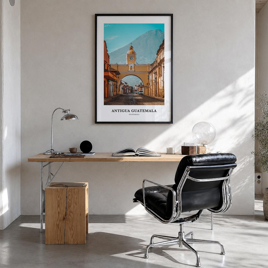 Antigua Guatemala colorful classic poster of Guatemala – vertical wall art in black wood frame, hanging on wall