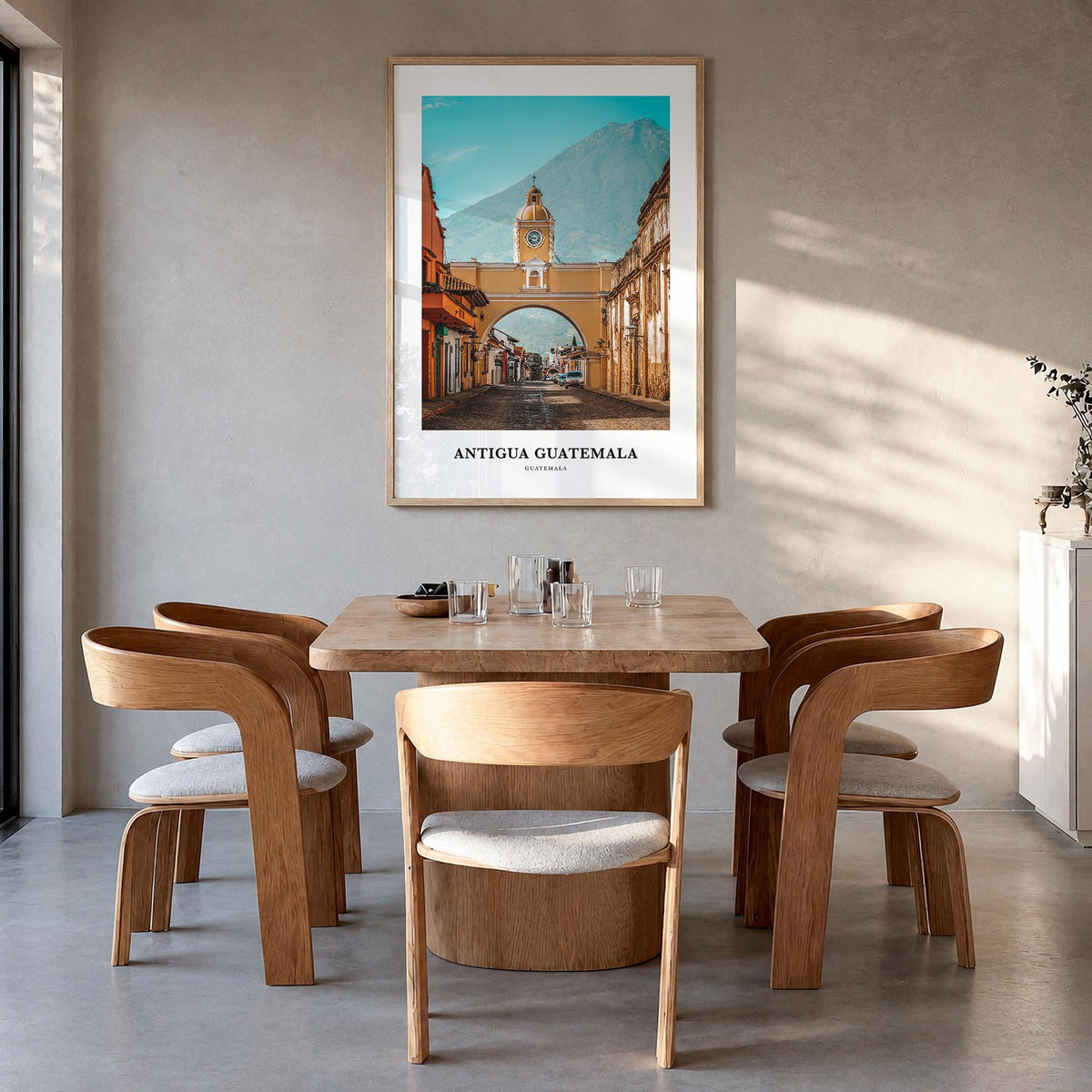 Antigua Guatemala colorful classic poster of Guatemala – vertical wall art in natural wood frame, hanging on wall