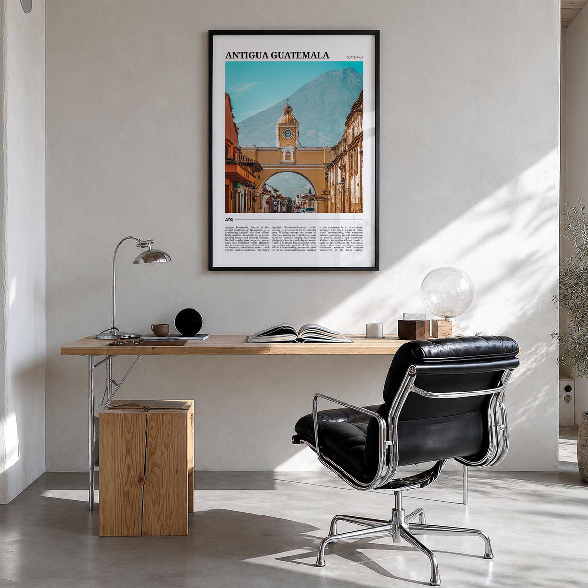 Antigua Guatemala colorful travel poster of Guatemala – vertical wall art in black wood frame, hanging on wall
