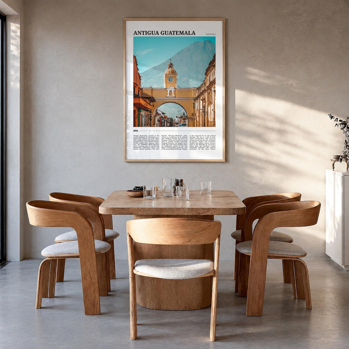 Antigua Guatemala colorful travel poster of Guatemala – vertical wall art in natural wood frame, hanging on wall