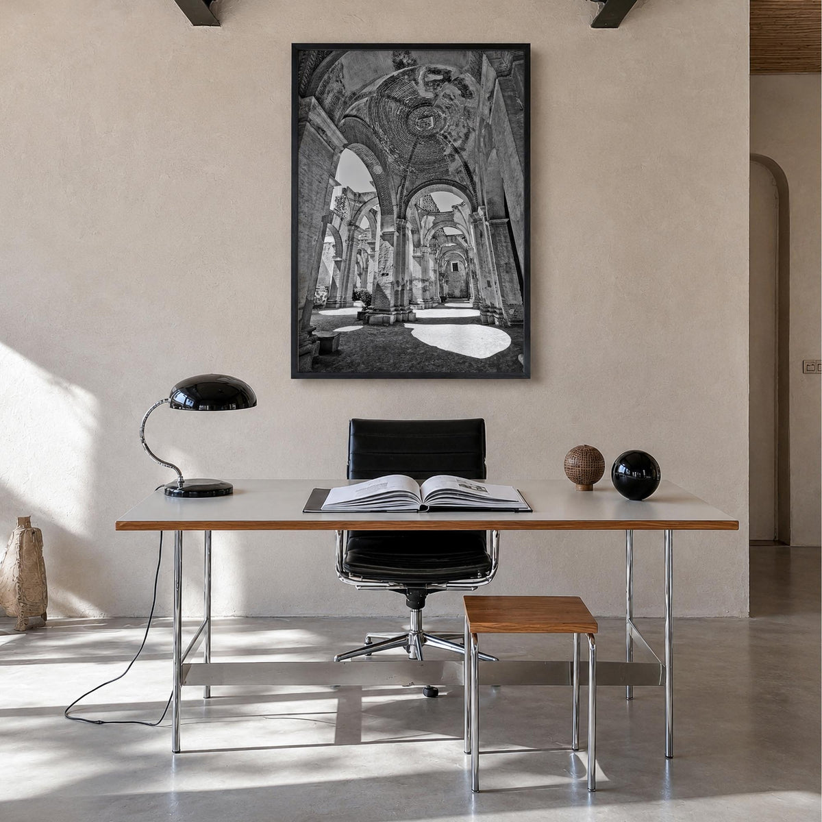 Antigua Guatemala no. 2 black & white photo poster of Guatemala – vertical wall art in black wood frame, hanging on wall