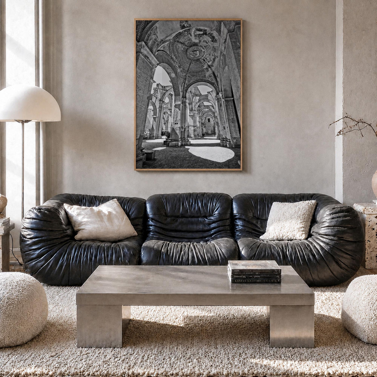 Antigua Guatemala no. 2 black & white photo poster of Guatemala – vertical wall art in natural wood frame, hanging on wall