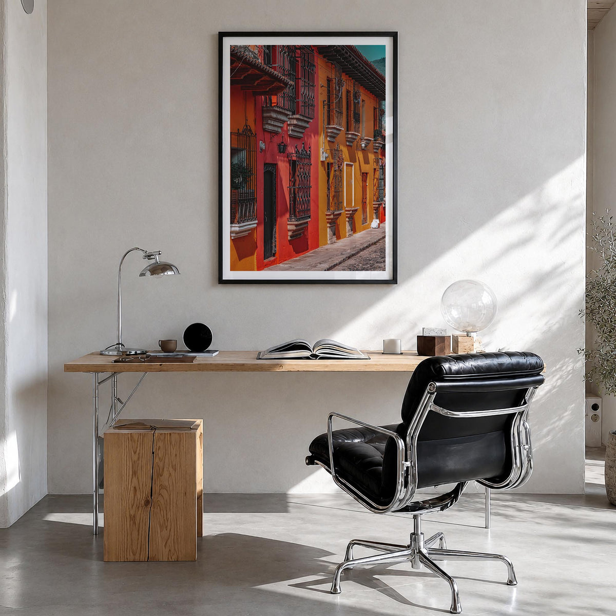 Antigua Guatemala no. 2 colorful photo poster of Guatemala – vertical wall art in black wood frame with white border, hanging