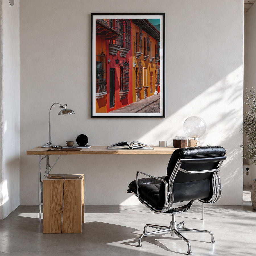 Antigua Guatemala no. 2 colorful photo poster of Guatemala – vertical wall art in black wood frame with white border, hanging