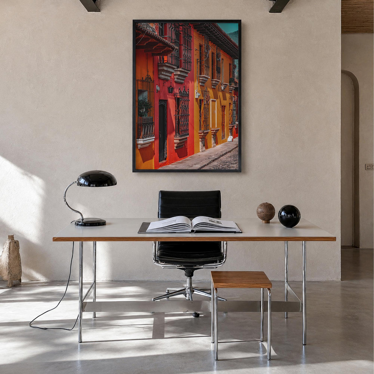 Antigua Guatemala no. 2 colorful photo poster of Guatemala – vertical wall art in black wood frame, hanging on wall