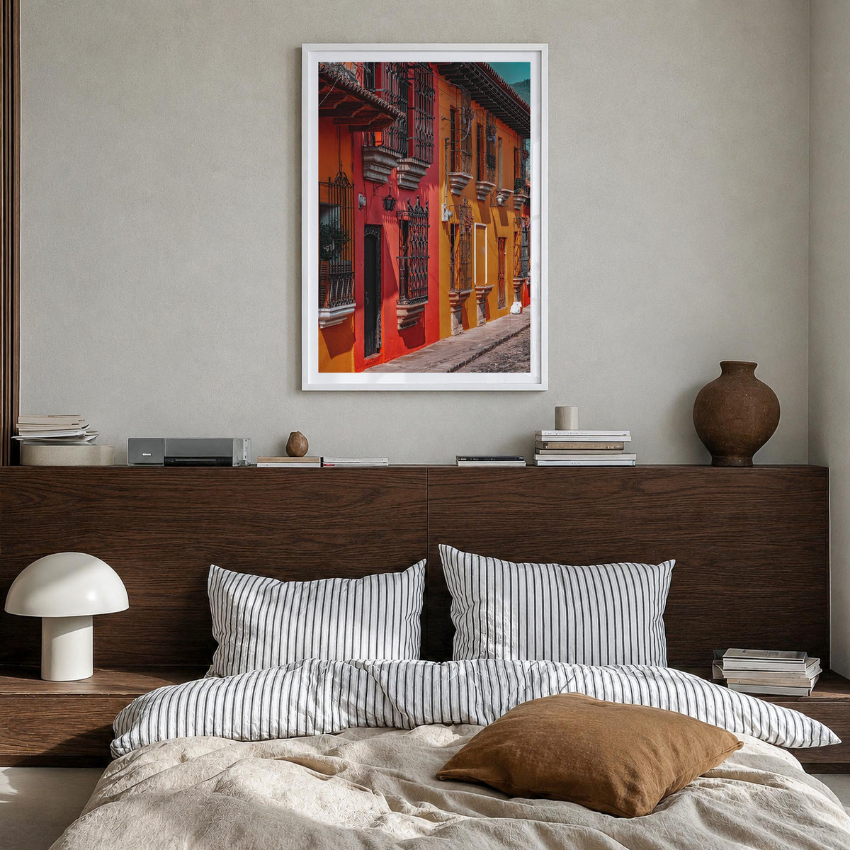 Antigua Guatemala no. 2 colorful photo poster of Guatemala – vertical wall art in white wood frame with white border, hanging