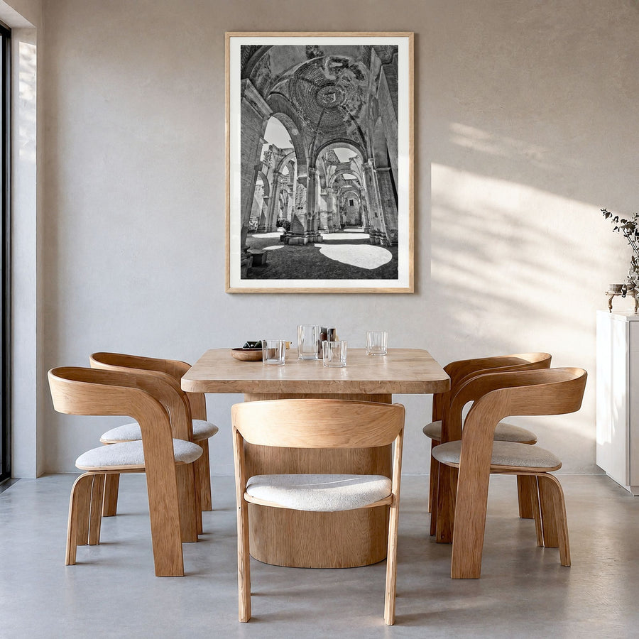 Antigua Guatemala Photo No 2 Poster in a natural wood frame, hanging in a dining room, white border