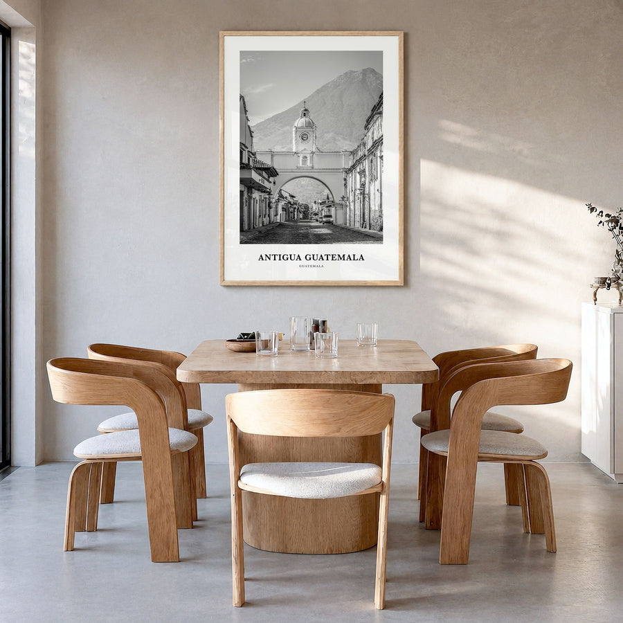 Antigua Guatemala Classic Poster in a natural wood frame, hanging in a dining room