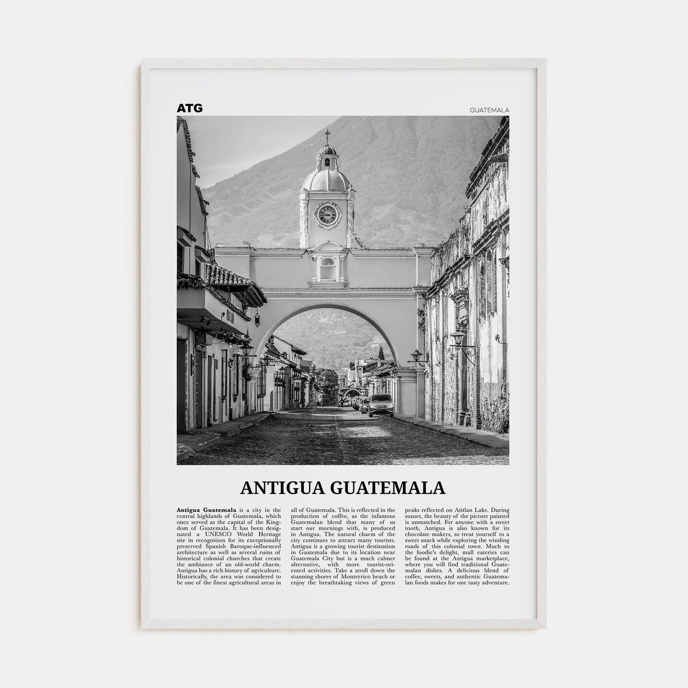 Antigua Guatemala Poster White Wood / 8x12 in Nbourhood Travel B&W Poster