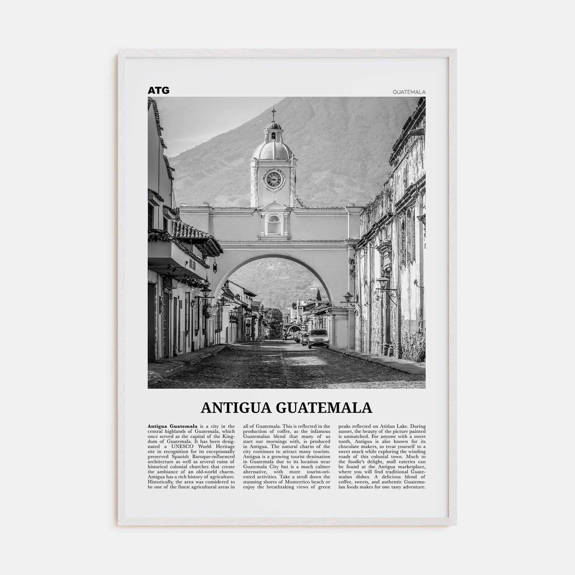 Antigua Guatemala Poster White Wood / 8x12 in Nbourhood Travel B&W Poster