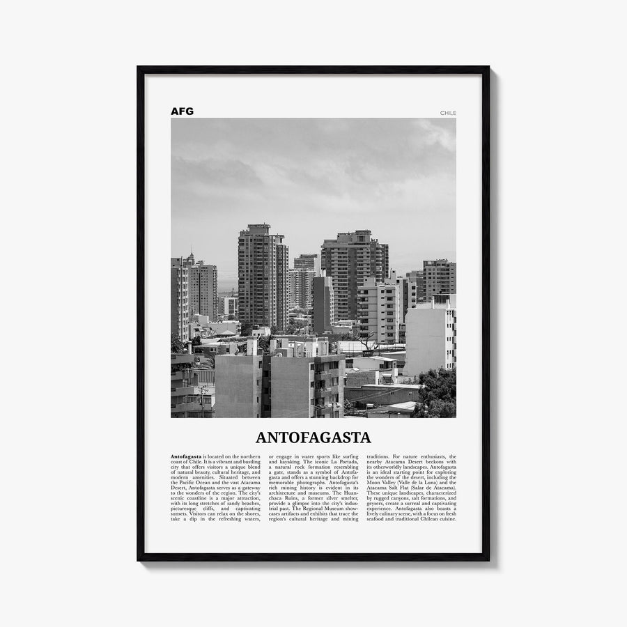 Antofagasta black & white newspaper poster of Chile – vertical wall art, unframed print shown in interior mockup