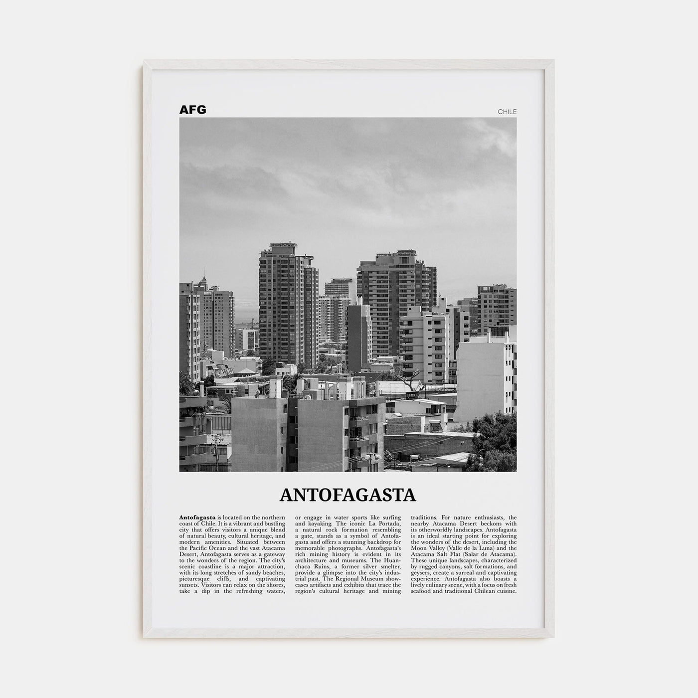 Antofagasta Poster White Wood / 8x12 in Nbourhood Travel B&W Poster