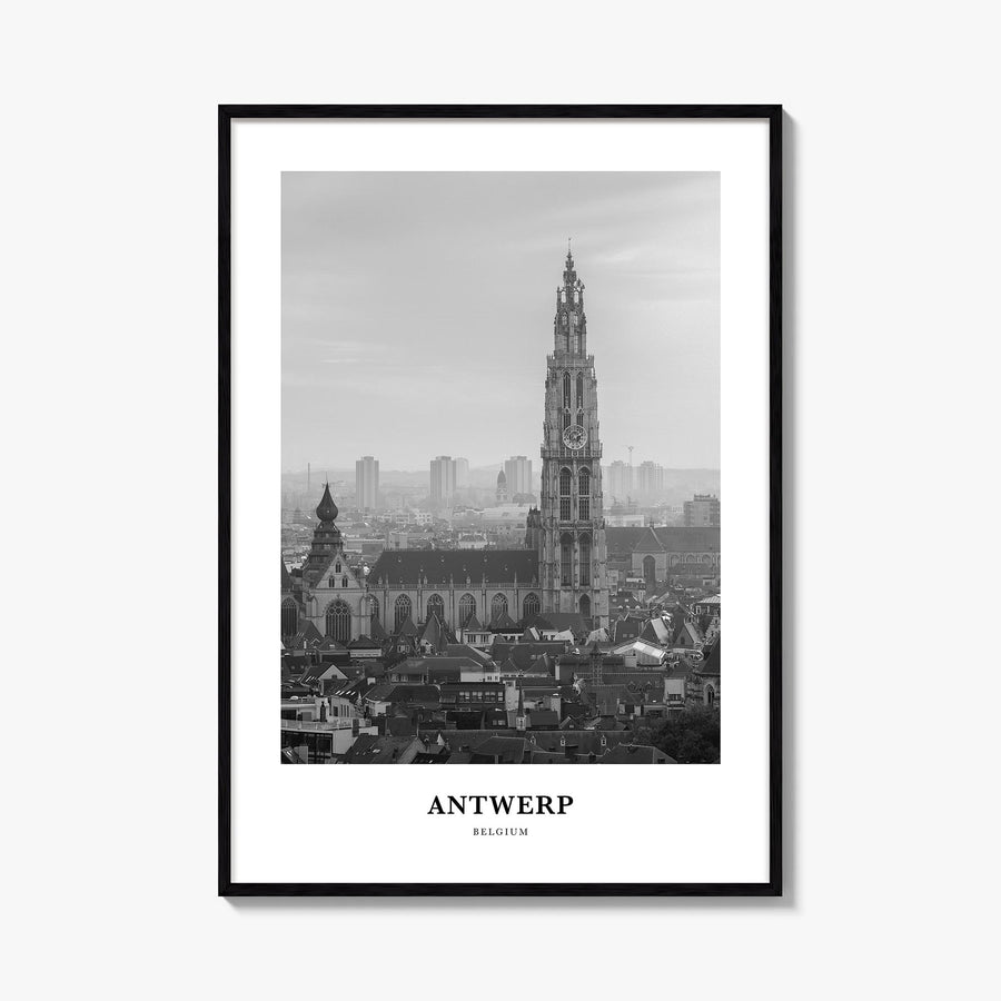 Antwerp black & white classic poster of Belgium – vertical wall art, unframed print shown in interior mockup