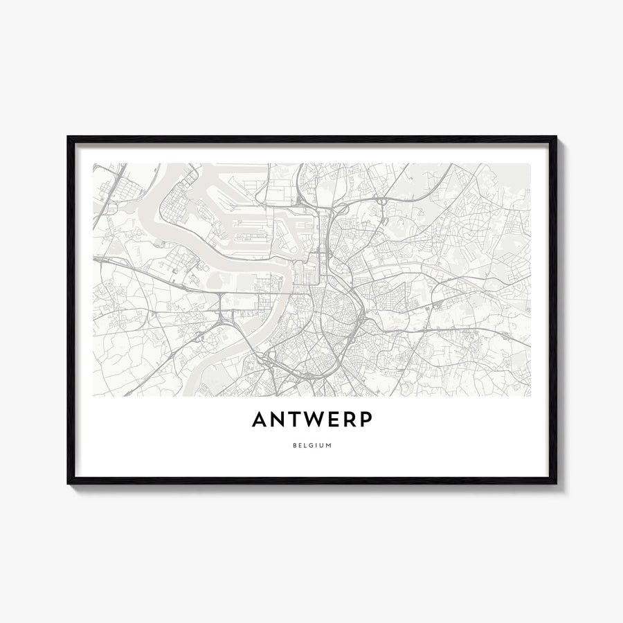 Antwerp black & white map poster of Belgium – horizontal wall art, unframed print shown in interior mockup