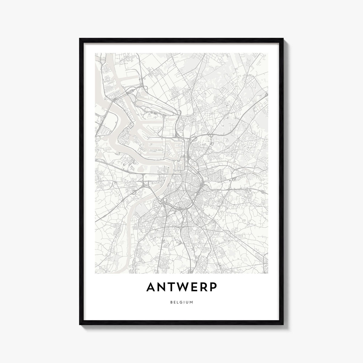 Antwerp black & white map poster of Belgium – vertical wall art, unframed print shown in interior mockup