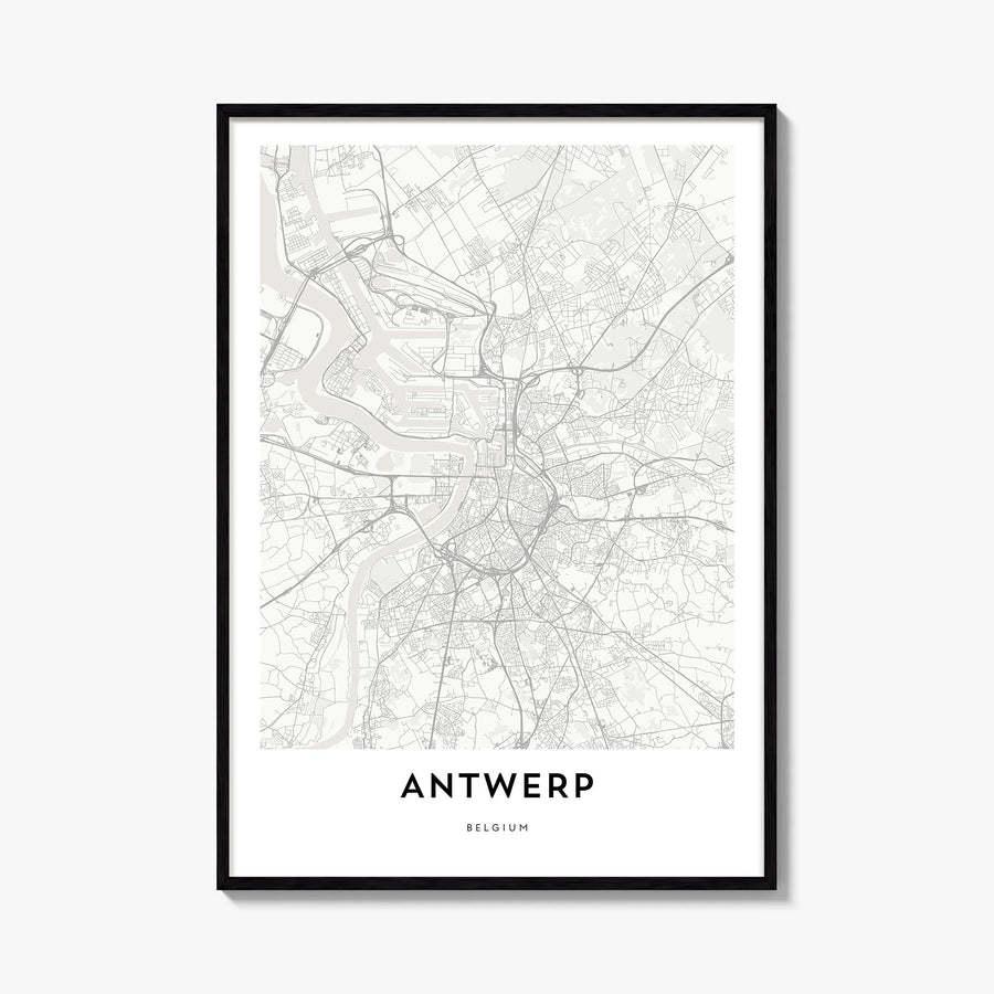 Antwerp black & white map poster of Belgium – vertical wall art, unframed print shown in interior mockup