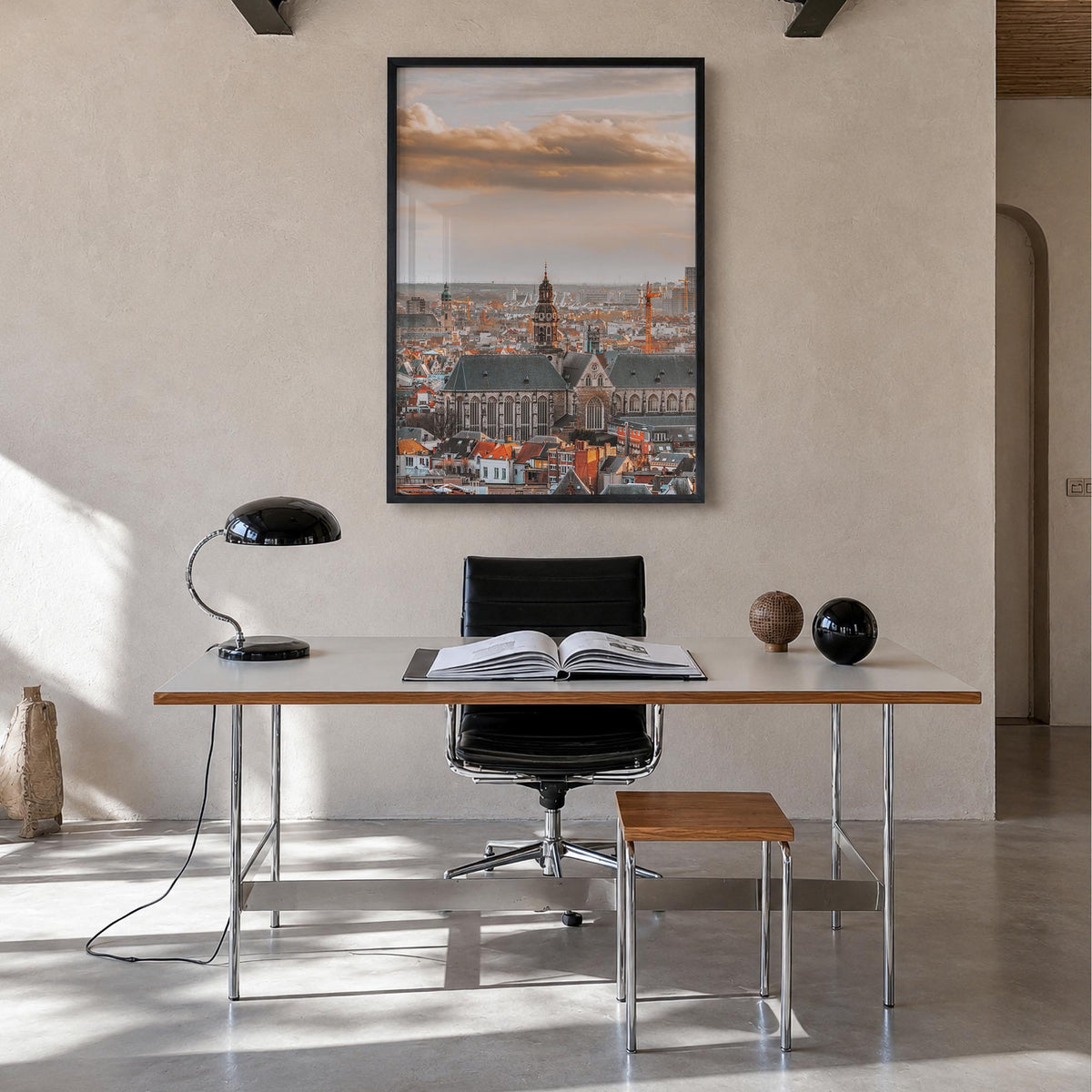 Antwerp colorful photo poster of Belgium – vertical wall art in black wood frame, hanging on wall