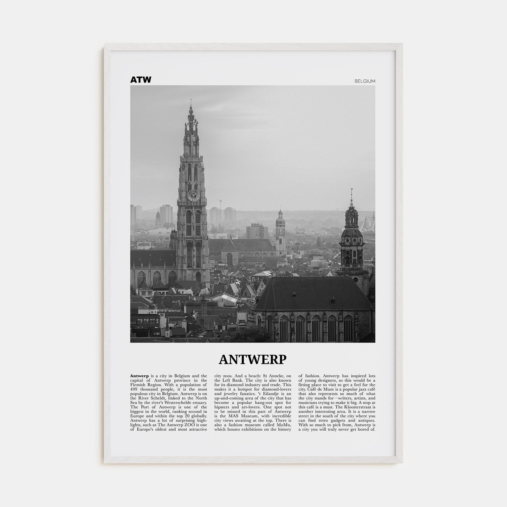 Antwerp Poster White Wood / 8x12 in Nbourhood Travel B&W Poster