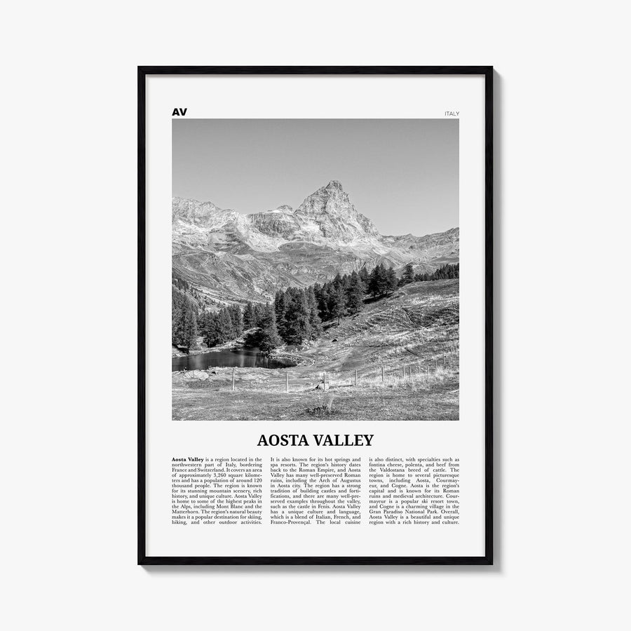 Aosta Valley black & white newspaper poster of Italy – vertical wall art, unframed print shown in interior mockup