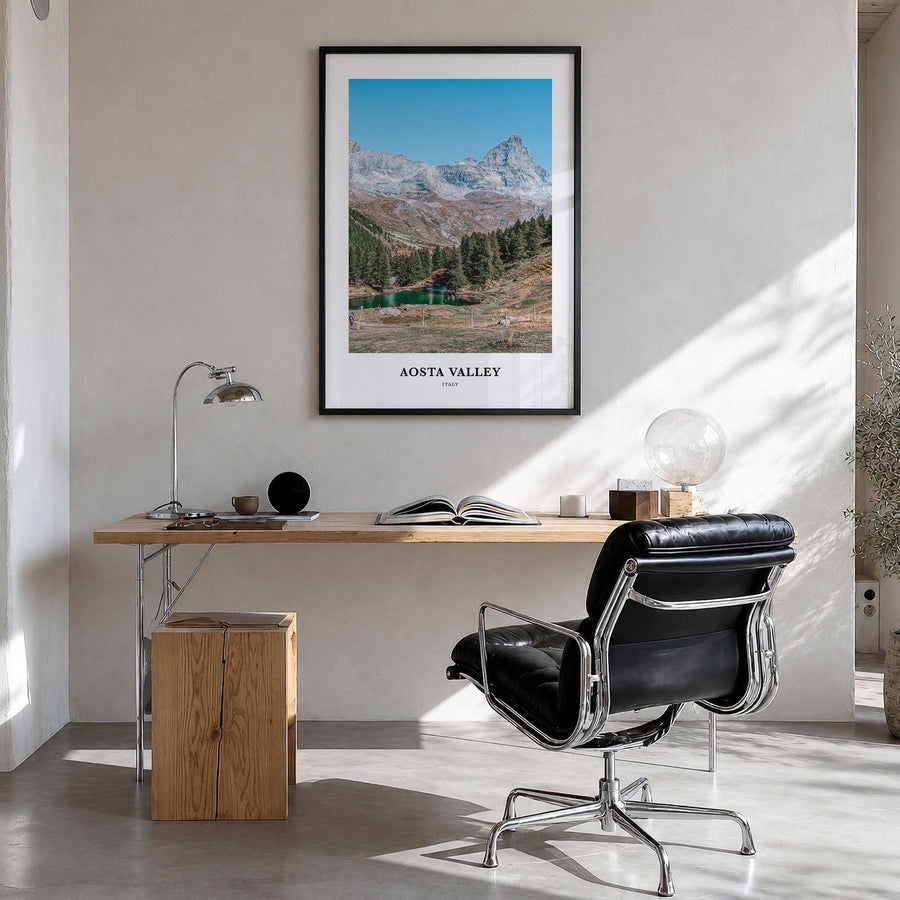 Aosta Valley colorful classic poster of Italy – vertical wall art in black wood frame, hanging on wall