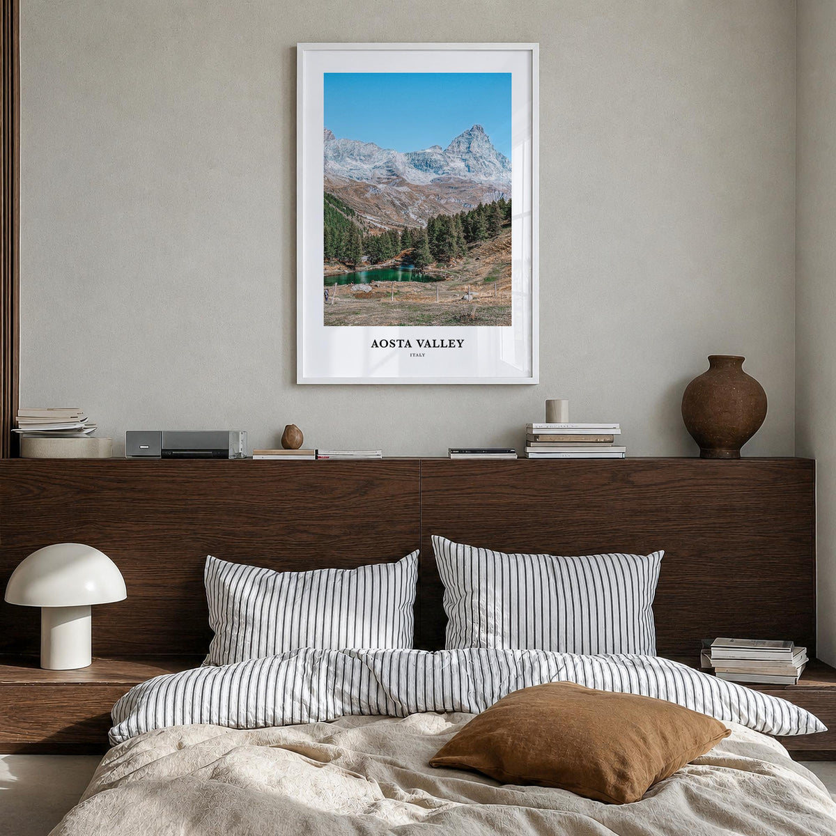 Aosta Valley colorful classic poster of Italy – vertical wall art in white wood frame, hanging on wall
