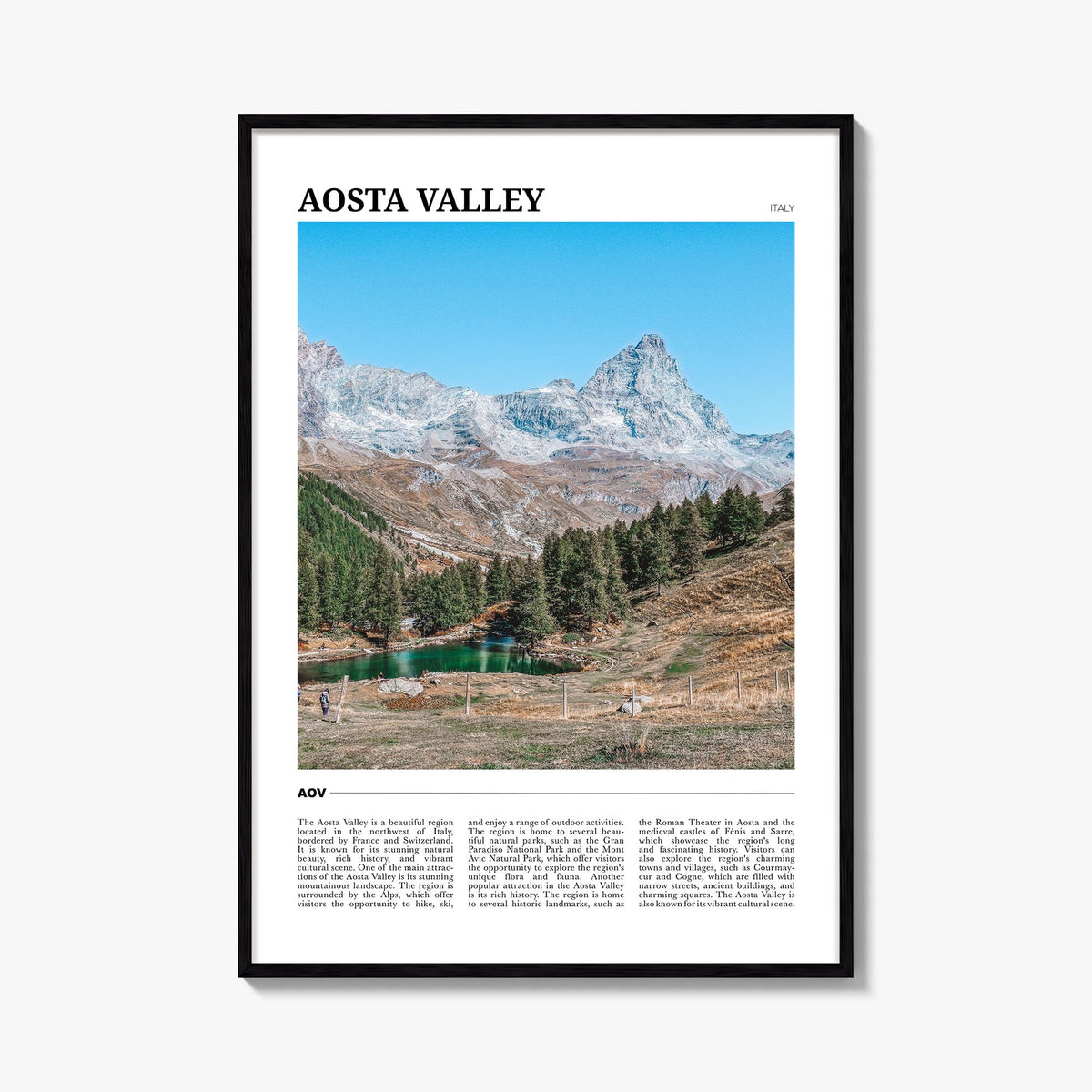 Aosta Valley colorful travel poster of Italy – vertical wall art, unframed print shown in interior mockup