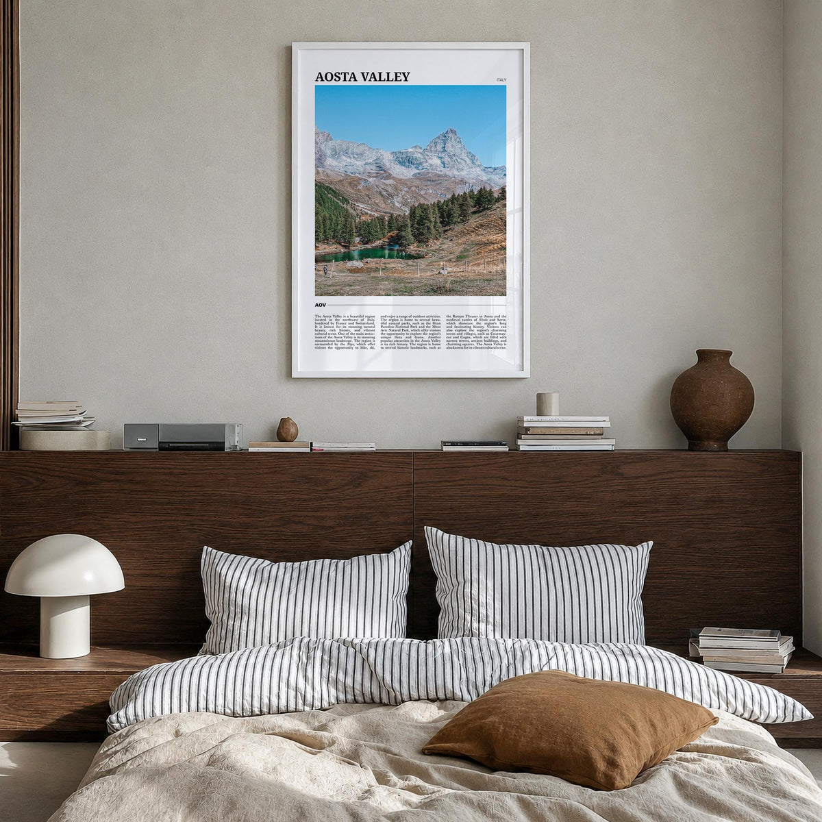 Aosta Valley colorful travel poster of Italy – vertical wall art in white wood frame, hanging on wall