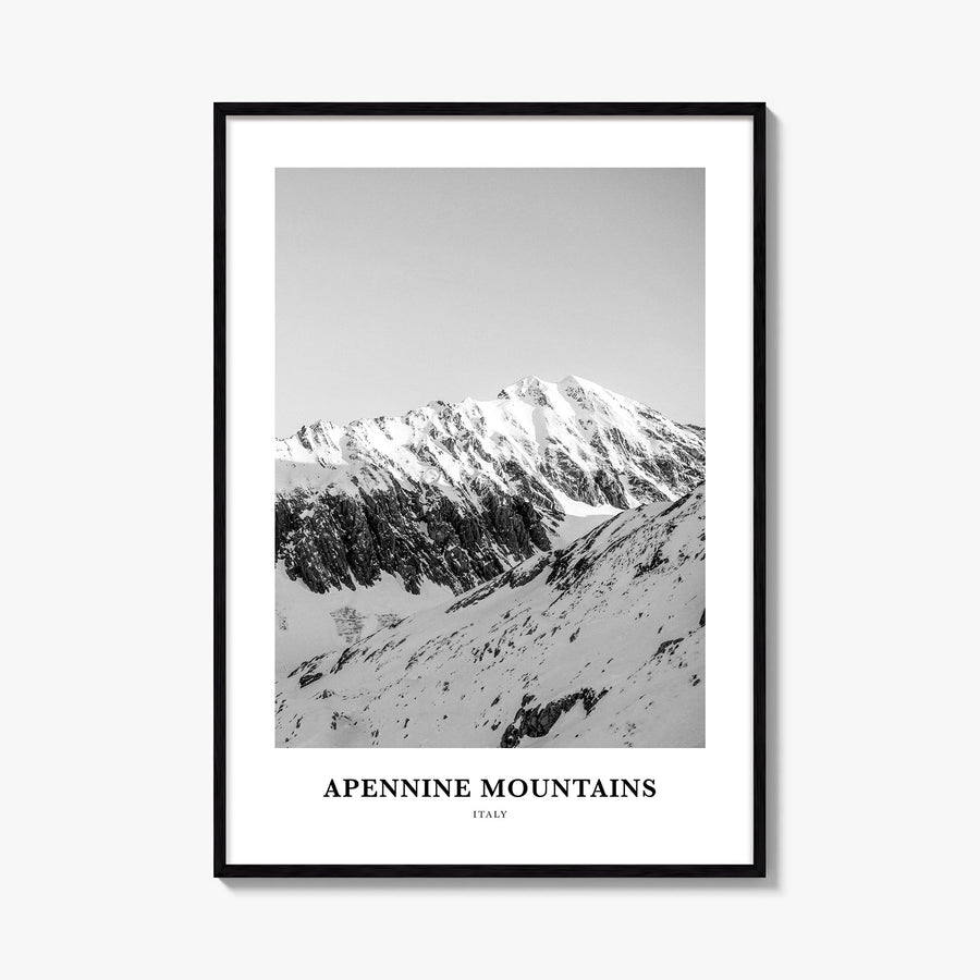 Apennine Mountains black & white classic poster of Italy – vertical wall art, unframed print shown in interior mockup